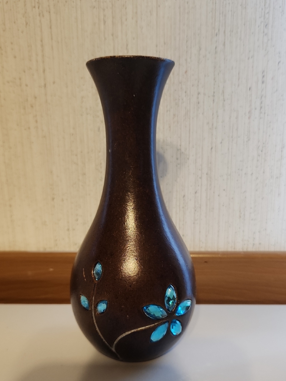 Brown Decorative Wooden Vase with Turquoise Floral Inlay